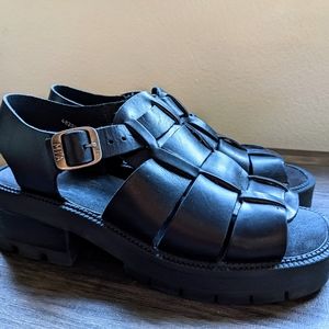 MIA Black Leather Slip On Fisherman Heeled Sandals